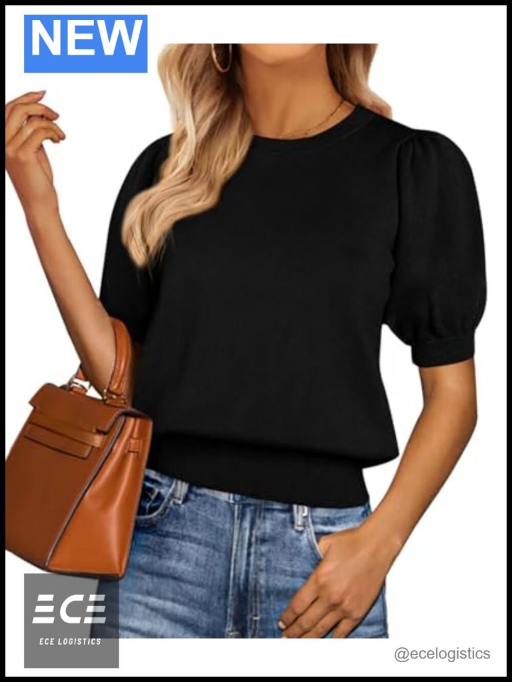 Womens Puff Short Sleeve Sweater Soft Knit Crewneck Loose Fit